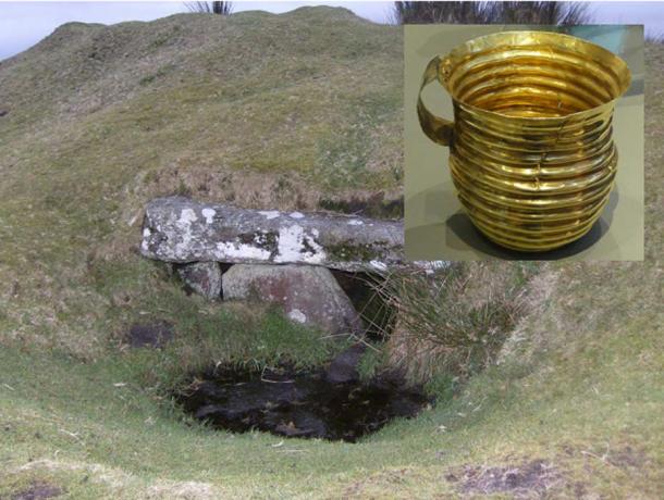 Main: Rillaton Barrow, an ancient burial mound on Bodmin Moor. Inset: The gold cup found inside. 