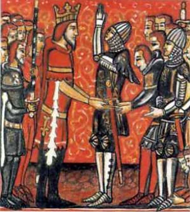 Roland (right) receives the sword, Durandal, from the hands of Charlemagne (left). 