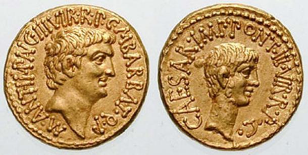 Roman aureus with the portraits of Mark Antony (left) and Octavian (right), issued to celebrate the establishment of the Second Triumvirate by Octavian, Antony, and Marcus Lepidus in 43 BC. Both sides bear the inscription "III VIR R P C", meaning "One of Three Men for the Regulation of the Republic."