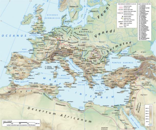 The Roman empire in the time of Hadrian (ruled 117–138), showing the network of main Roman roads. 