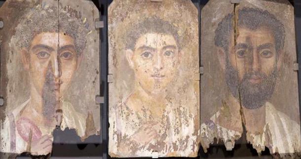 Roman-era Egyptian mummy portraits from the site of Tebtunis, Egypt, with no apparent blue color, but under testing, researchers found the synthetic pigment Egyptian blue present in all three paintings. Credit: Phoebe A. Hearst Museum of Anthropology, University of California, Berkeley.