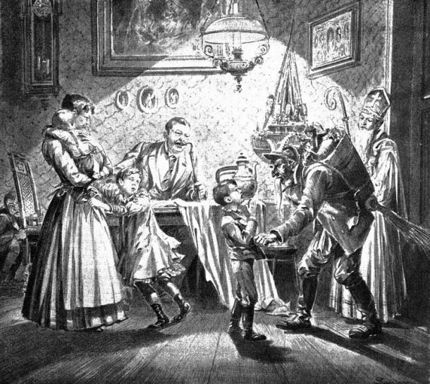 Saint Nicholas and Krampus visit a Viennese home (1896 illustration).
