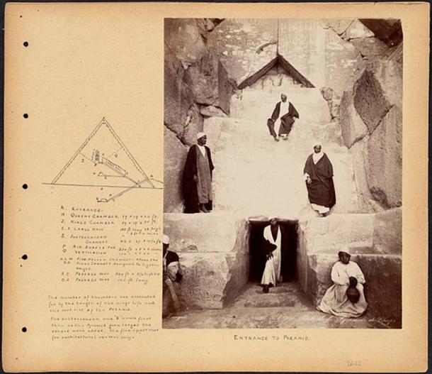Scrapbook page containing an annotated photograph showing six men positioned around the entrance to the Cheops pyramid. The page also includes a labeled diagram showing the interior chambers and passageways of the pyramid, and their dimensions. Circa 1860 – 1890