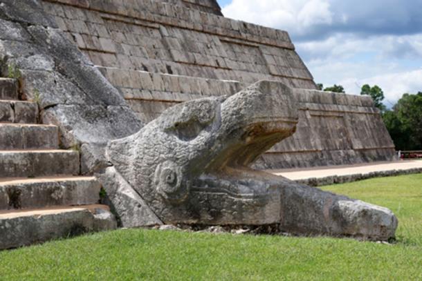Serpent head at the base of El Castillo