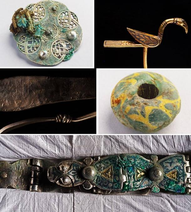 Some of the treasures: A silver disk brooch decorated with intertwining snakes or serpents (Historic Scotland), a gold, bird-shaped object which may have been a decorative pin or a manuscript pointer