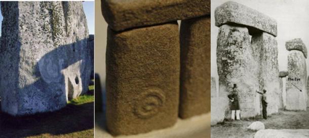 Stone 52 with ‘The Eye’ symbol. From Left: Stone 52 today (Credit: Lloyd Matthews), Replica of Stone 52