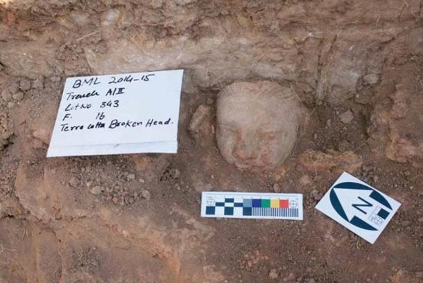 Stucco sculpture of a head, uncovered during excavations at Bhamala. 