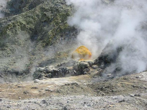 Sulfur in a burning landscape at Campi Flegrei near Naples, Italy
