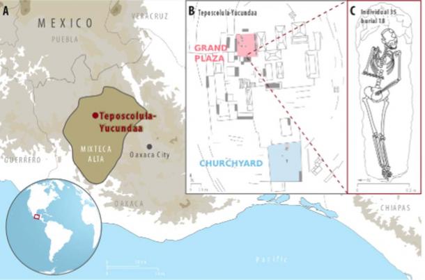 A) The location of the Teposcolula-Yucundaa site in the Mixteca Alta region of Oaxaca, Mexico; B) central administrative area of Teposcolula-Yucundaa showing the relative positioning of the Grand Plaza and churchyard cemetery sites. C) drawing of individual 35 from which the Tepos_35 S. Paratyphi C genome was isolated.