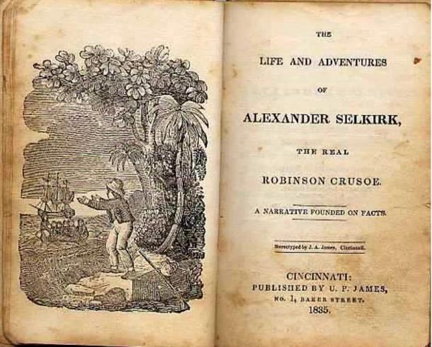 Title page of the book The Life and Adventures of Alexander Selkirk, the Real Robinson Crusoe (1835). 
