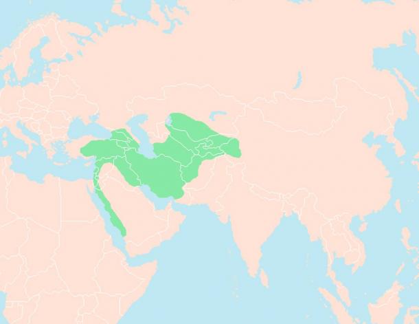 El Imperio selyúcida en verde, mostrando Escandinavia, en el extremo noroeste del mapa 