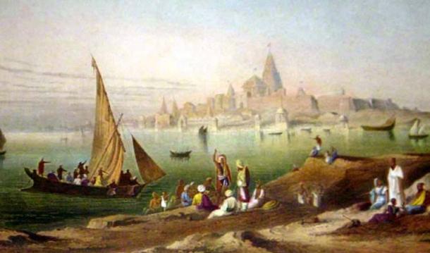 Pintura por Grinlay de (1826-1830) de "La ciudad sagrada y templos de Dwarka.