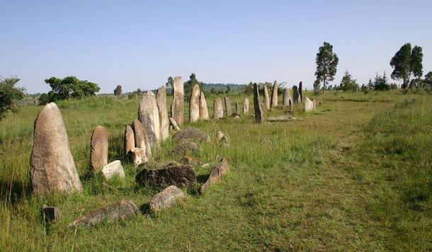 Las piedras Tiya colocan en una fila en un exuberante paisaje de la Zona Gurage de Etiopía