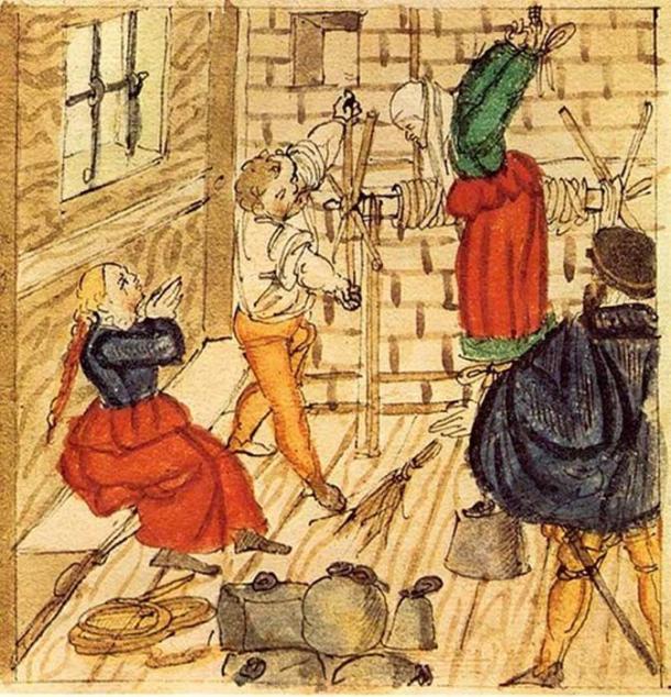 Torturing accused witches, 1577. 