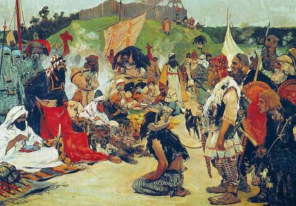 ‘Trade negotiations in the country of Eastern Slavs.’ (1909) By Sergei Vasilyevich Ivanov.