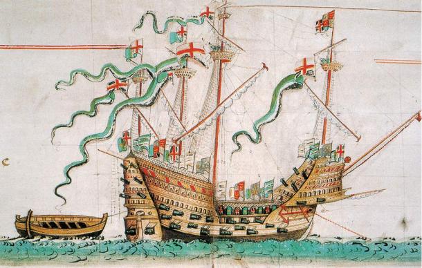 A 1547 illustration of the carrack Tudor ship Mary Rose, upon which were found many lice combs.