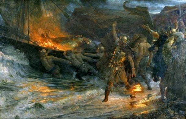 Traditional Viking Chieftain funerals were energetically observed, with drinking, feasting, and sacrificial slaughter. Later, people would be buried in cemeteries near churches. “The Funeral of a Viking,” painting by Frank Dicksee, 1893