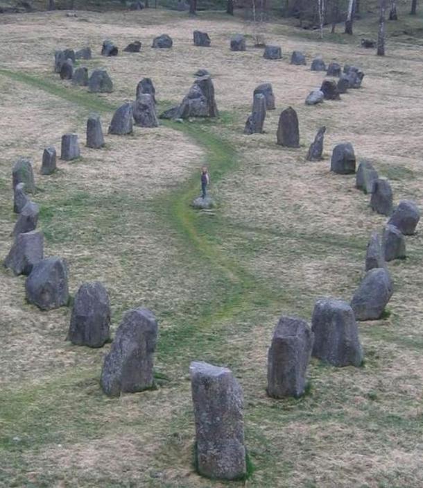 Two of the Viking stone ships (burial grounds) at Badelunda, near Västerås, Sweden. Photo by Berig 2005.