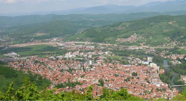View from Visočica hill where old town Visoki once stood showing today's Visoko and much of historic and present Visoko valley, excluding Moštre