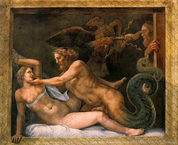 Zeus seduce Olimpia, Giulio Romano, 1526 Palazzo del Te, Mantua, Italia