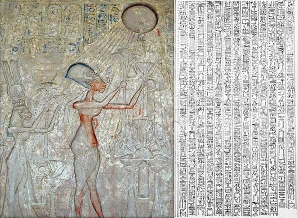 Left: Panel with adoration Scene of Aten (detail). Right: 1908 drawing of the Great Hymn to Aten.