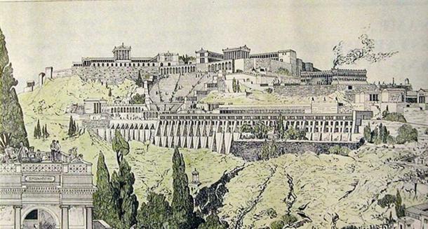 Drawing of ancient Pergamon. Scanned from the booklet of Pergamon Museum, Berlin. Image drawn by 19th century German archaeologist