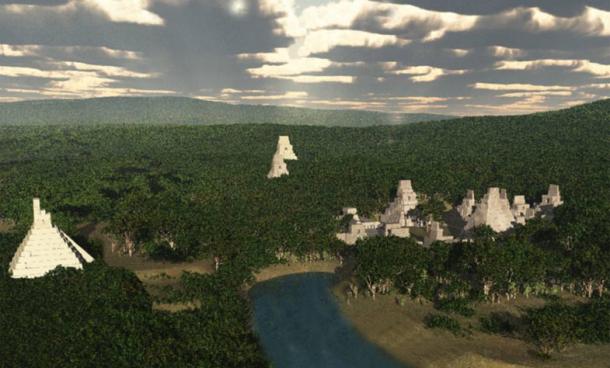 Prestación Birds ojo que muestra un antiguo depósito en Tikal
