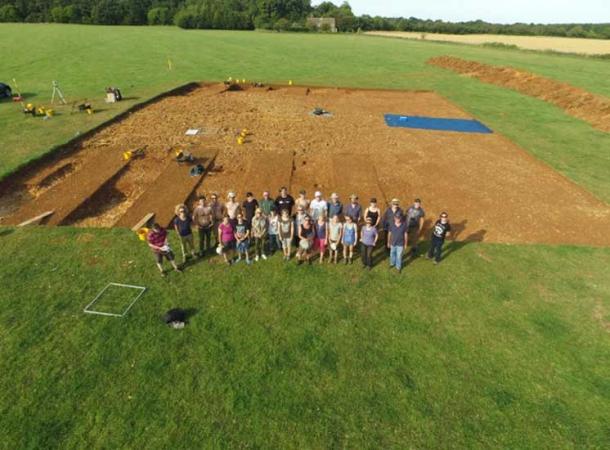 Aerial shot of students at the long barrow excavation site.
