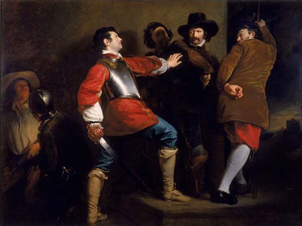 Painting showing the arrest of Guy Fawkes – only 1 of the goup of conspirators - by the Royalist soldier Sir Thomas Knevet; Guy Fawkes (1570-1606) and Robert Catesby among others had been attempting to blow up the Houses of Parliament in the attack in 1605. 