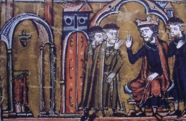 Baldwin II ceeding the location of the Temple of Solomon to Hugues de Payns and Gaudefroy de Saint-Homer.