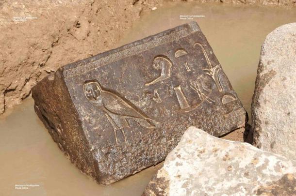 Este bloque de basalto tallado mostrando un halcón se encontró a principios de este año en el santuario de Nectanebo. 