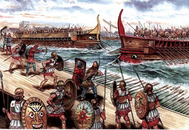 Depiction of a battle between Athens and Sparta in the Great Peloponnese War, 413 BC.