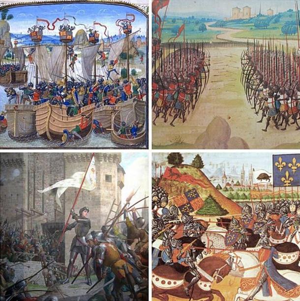 Collage of paintings representing battles of the Hundred Years' War. Clockwise, from top left: La Rochelle, Agincourt, Patay, Orleans.