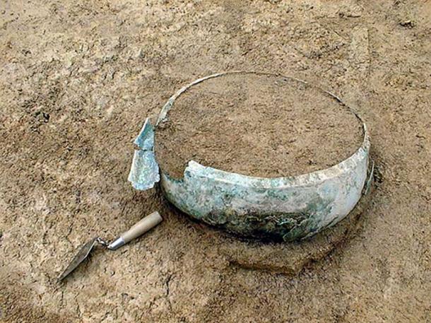 The bronze cauldron during excavations in Swabia, Germany.