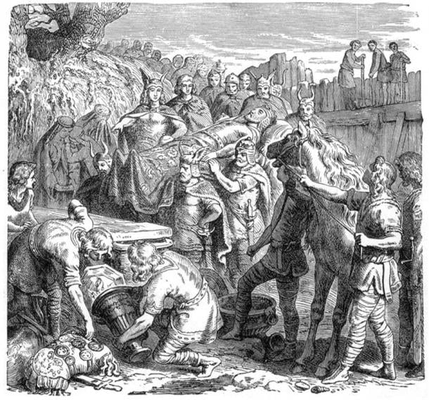 The burial of Alaric in the bed of the Busento River. 1895 wood engraving.