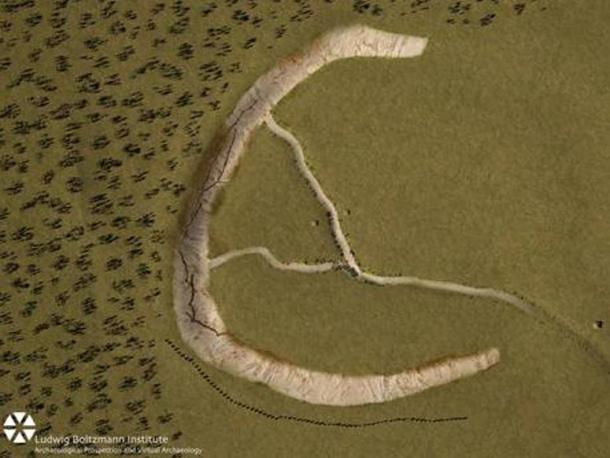 The c-shaped structure of Durrington Walls with the line of newly-discovered megaliths along the southern arm.
