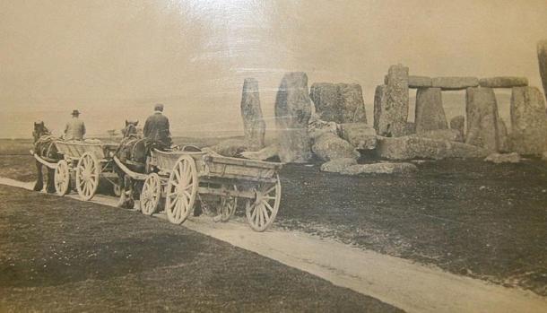 Photo showing a carriage and cart path passed close by to Stonehenge in 1885.