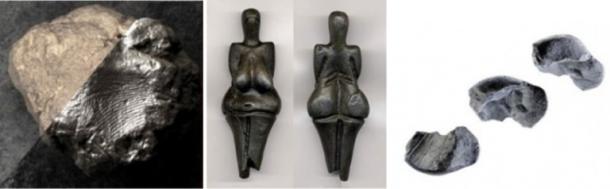 From Left to Right: 10,000-year-old print found on clay fragment in Turkey, 26,000-year-old print found on Venus statuette in the Czech Republic, 80,000-year-old Neanderthal print