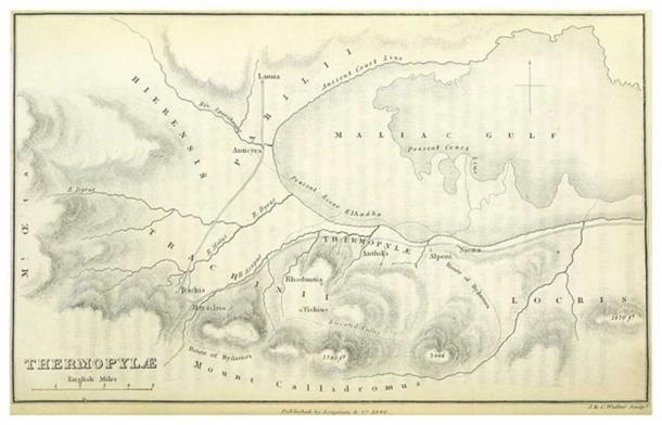 Map depicting the coast line in the time of Herodotus and at the time of the map’s creation (1876). Thermopylae pass is between Alpeni and Anthela.