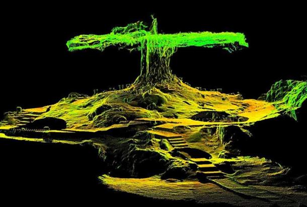 This composite 3D laser scan data image shows staircases and artifacts (primarily incense burners carved in the image of the goggle-eyed rain deity Tlaloc) surrounding the great limestone column of Balankanché stretching from floor to ceiling and very much resembling the ancient Maya conception of the World Tree (Wacah Chan). 