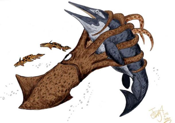 Representación del artista de un Kraken atacando un ictiosauro.