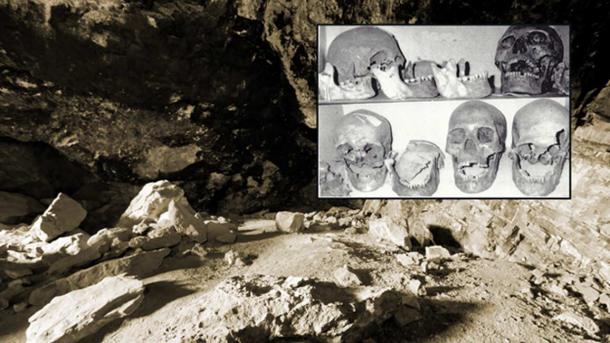 “There are eerie parallels between the legends of the Si-Ti-Cah and the tales of giants who dwelled south of Mount Shasta. Inset: Skulls photographed over 30 years ago by Don Monroe claimed to be giants unearthed from Lovelock Cave.” 