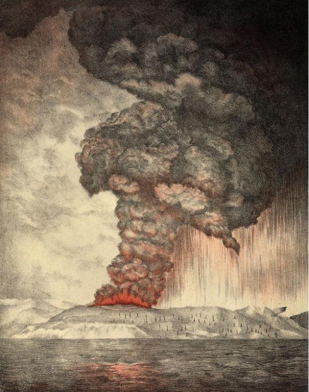 An 1888 lithograph of the 1883 eruption of Krakatoa. 