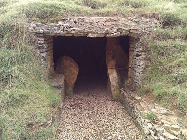 One of the excavated burial chambers at Belas Knap, a Neolithic long barrow situated on Cleeve Hill, near Cheltenham and Winchcombe, in Gloucestershire, England.