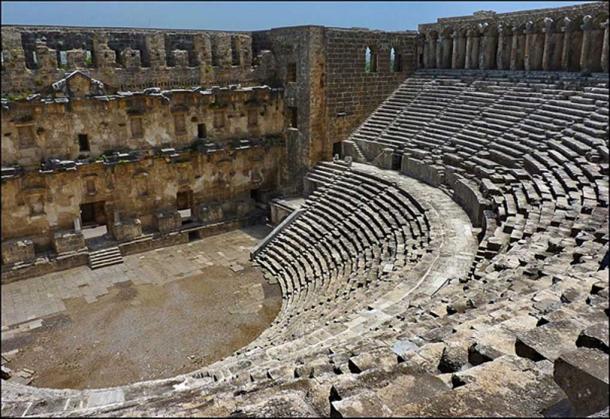 The theatre at Aspendos, Turkey is famous for its magnificent acoustics. Even the slightest sound made at the center of the orchestra can be easily heard as far as the upper most galleries. It is the best preserved and most complete example of a Roman theatre.