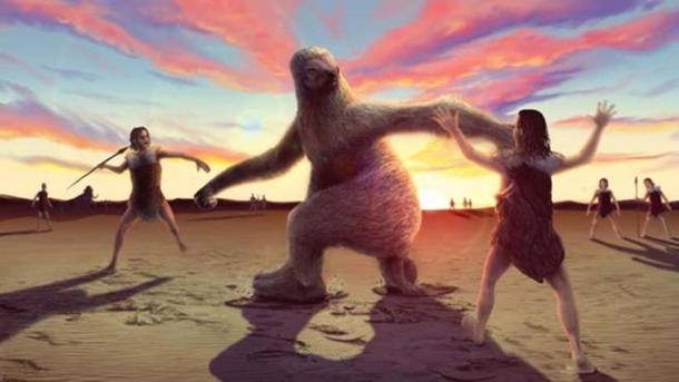 Artists impression of a giant sloth being confronted by human hunters. Credit: Alex McClelland, Bournemouth University
