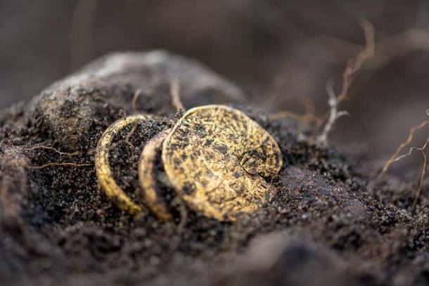 The gold coin and rings recently unearthed at Sandby Borg.