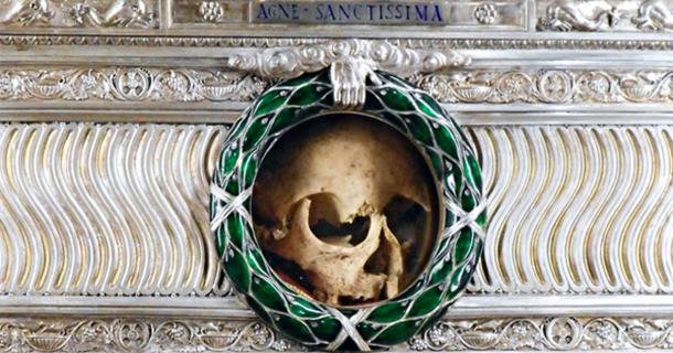 Silver reliquary with skull purportedly Saint Agnes' - Santa Agnese in Agone Church at Piazza Navona in Rome.