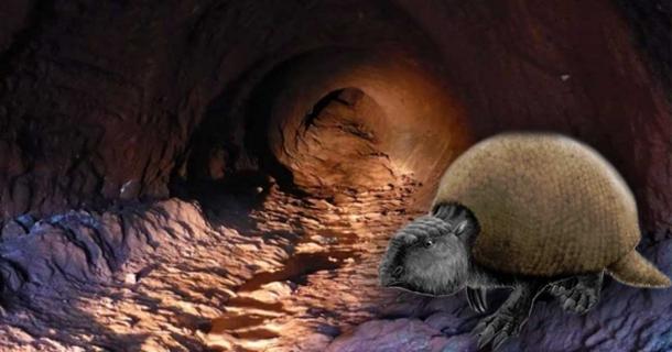 A fictional animal based on the glyptodon and a palaeoburrow (ichnofossil) found in the State of Rio Grande do Sul, Brazil. Scientists say that this mega-tunnel was created by a long extinct species.