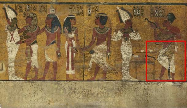 Scans of the north wall of King Tutankhamun's burial chamber have revealed features beneath the intricately decorated plaster (highlighted) a researcher believes may be a hidden door, possibly to the burial chamber of Nefertiti. 